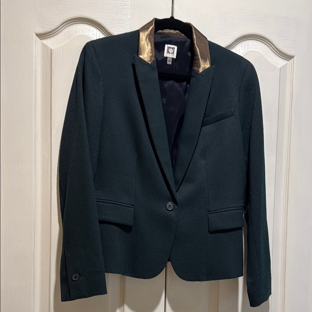 Elegant Dark Green Blazer with Gold Collar